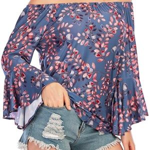 Size M & XL // Off Shoulder Tops Floral Print Elastic Neckline Flare Sleeve